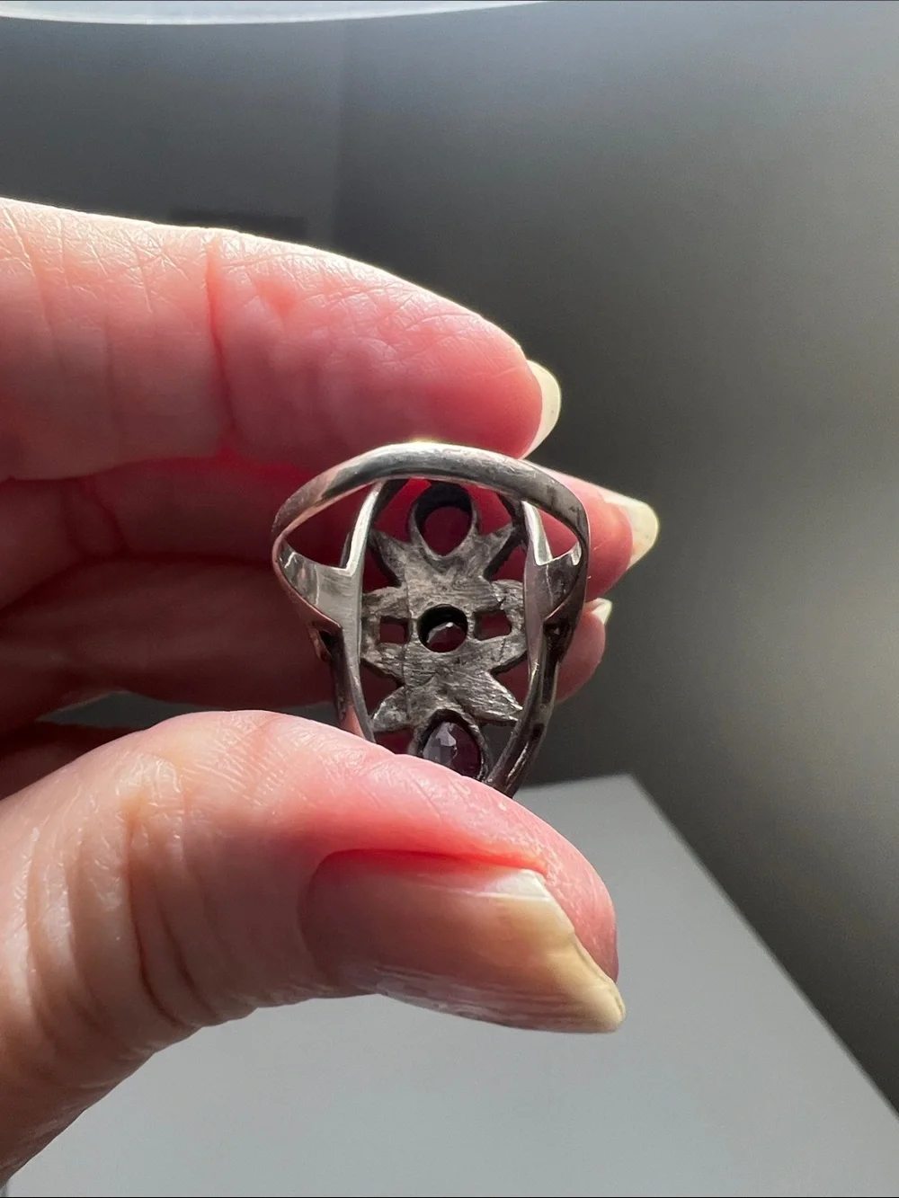 Stylish Silver Ring with Purple Gem Accents - Vintage